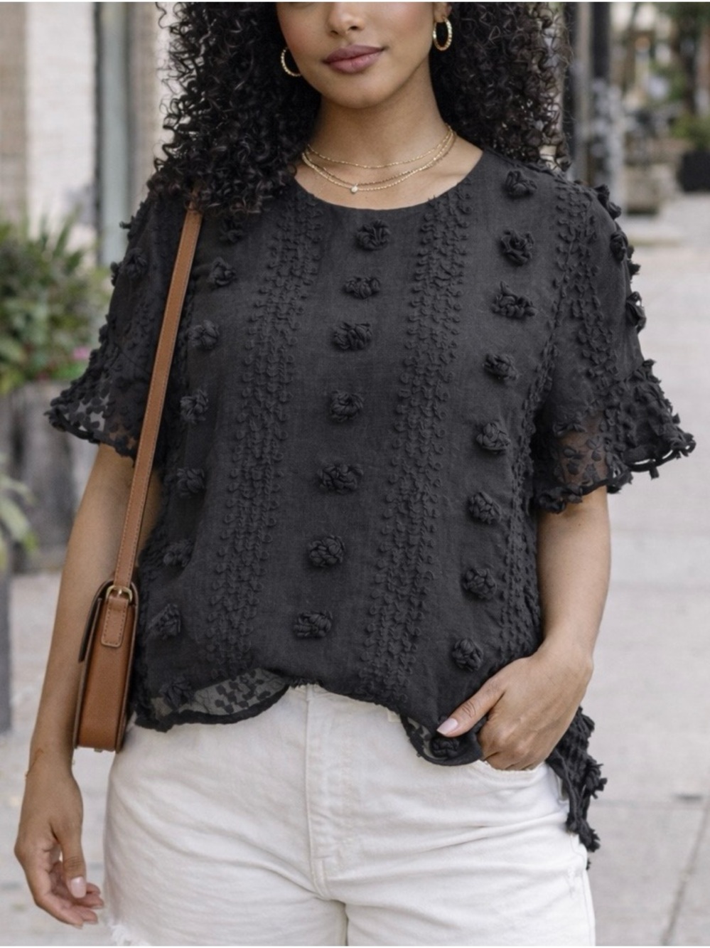Entro Black Textured Pom Pom Sheer Lined Blouse